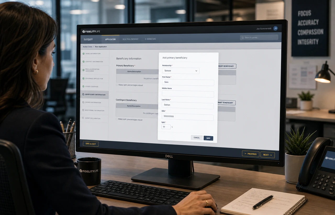 Fidelity Life RapidApp application workflow showing the staged path from basic information through to agent declaration.