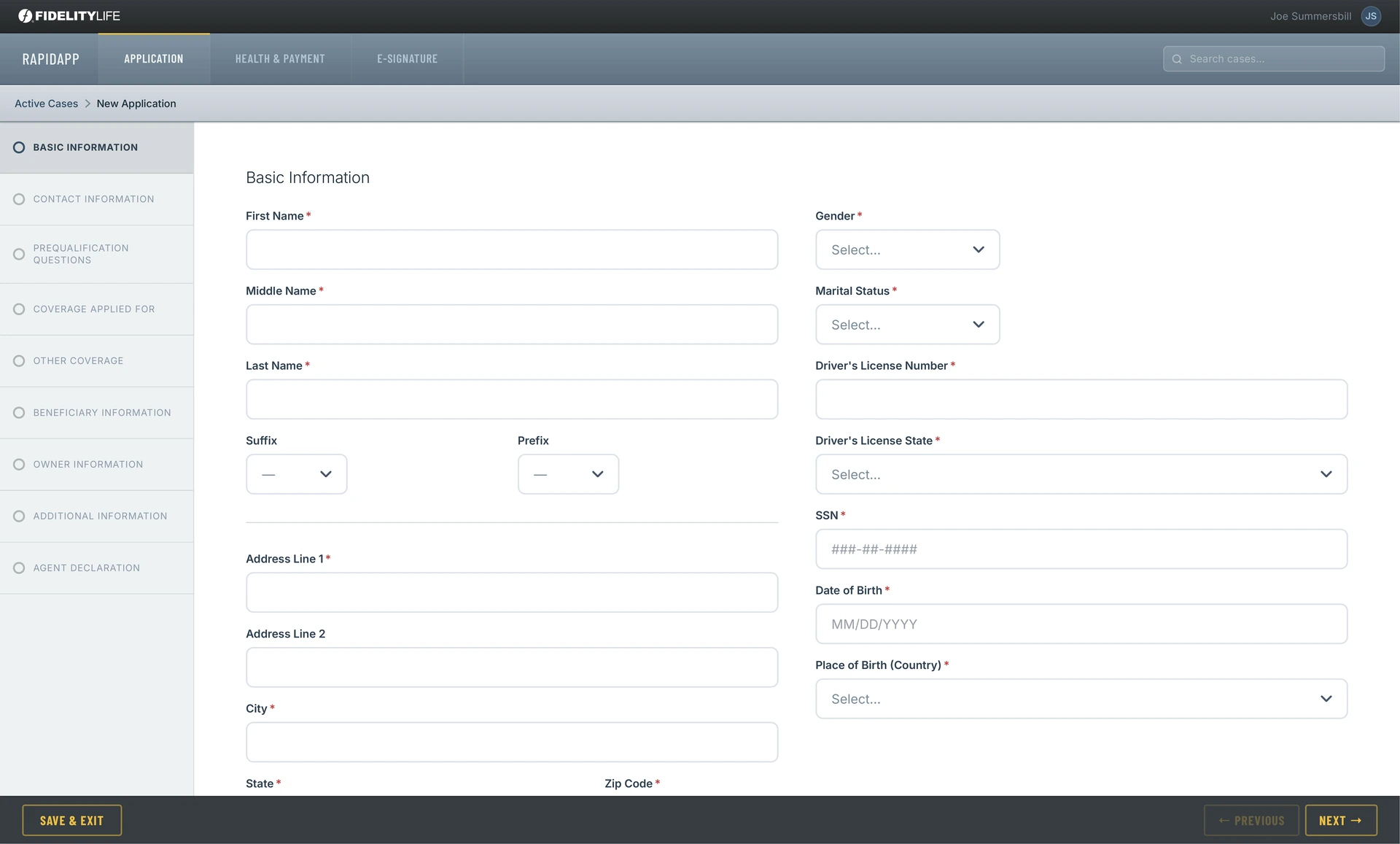 The RapidApp application workflow, showing the staged application path from basic information through to agent declaration.